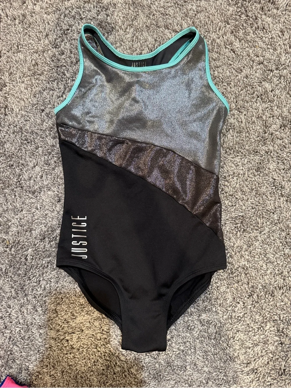 Justice Black One-Piece Gymnastics Leotard with Silver Shimmer and Teal Trim